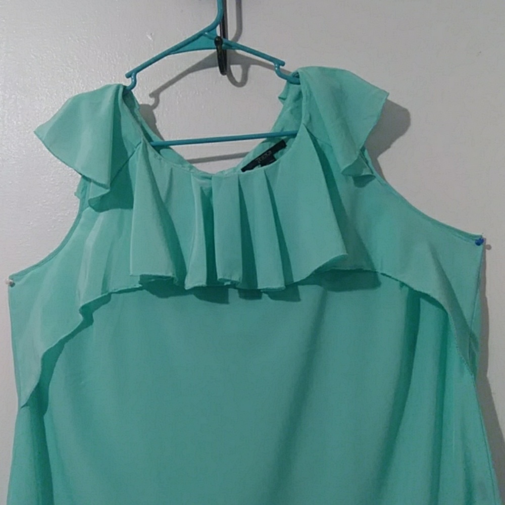 Plus size mint green blouse with pleated neckline - Picture 2 of 6